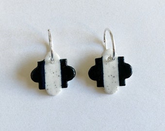 Moroccan tile ceramic earrings, sterling silver hoops, black and white