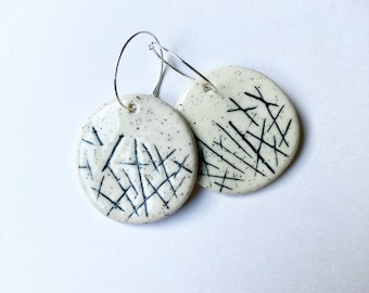 Ceramic Earrings handmade sterling silver hoops circle earrings with black inlay pattern