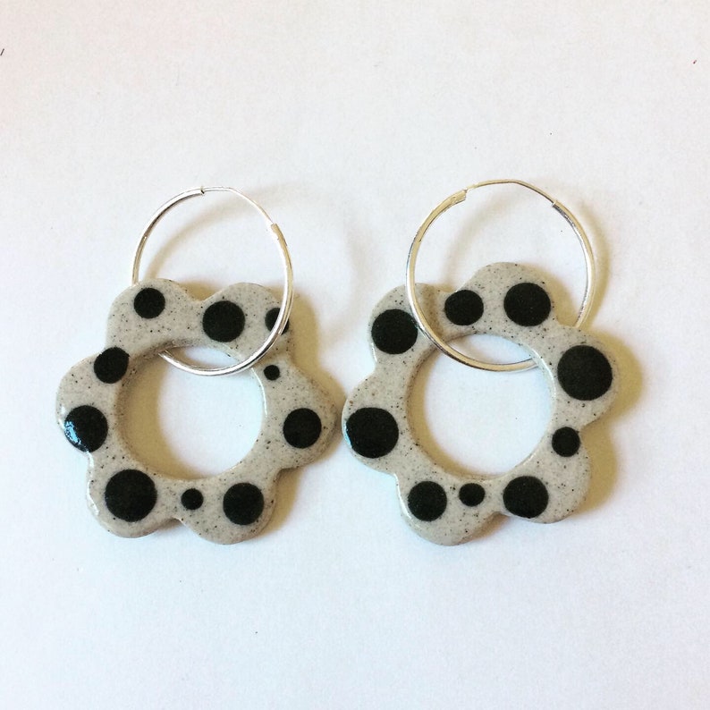 Ceramic Earrings handmade flower earrings earthy bohemian dots sterling silver hoops image 2