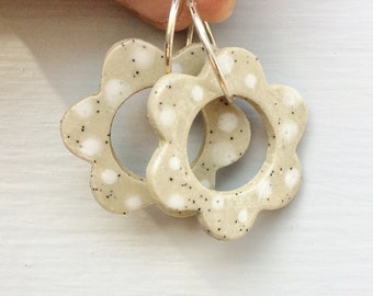 Ceramic earrings handmade bohemian earthy dots flower earrings lightweight sterling sliver hoops