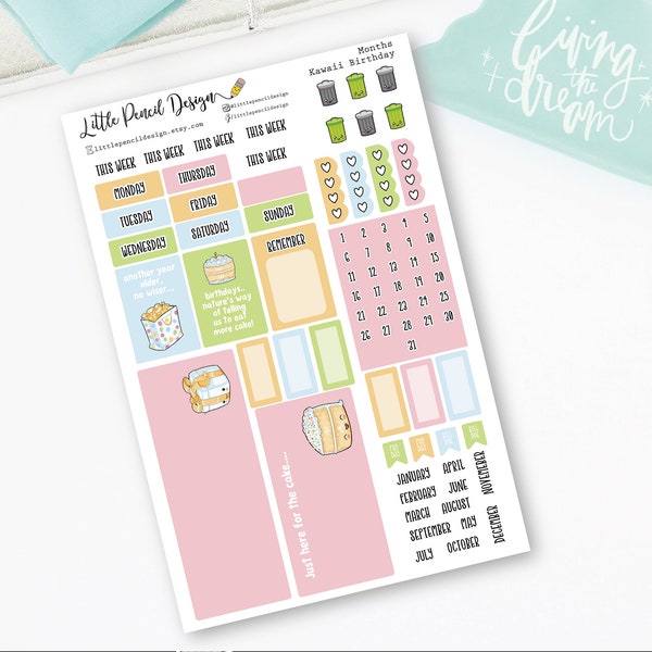 Kawaii Birthday Hobonichi Weeks Monthly Sticker Kit | Hobonichi Monthly Kit | Matt Stickers | Food Stickers | Birthday Week Stickers