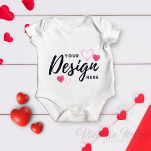 Mockup Photo White Plain/Blank Babygrow/Vest Baby Grow Add Your Own Design/Template Valentine&#39;s Day Love Hearts Theme Background/Mock Up.