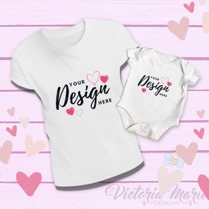 Mockup Photo Mommy & Me White Plain/Blank Mini Babygrow/Vest T-shirt Baby Add Own Design/Template Valentine&#39;s Day Hearts Background/Mock Up
