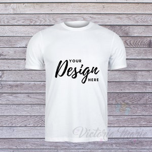 Mockup Photo - White Men&#39;s T-shirt Plain/Blank Male Shirt Add Your Own Design Template Stock Picture Dye Sublimation Wood Background Mock Up