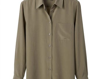 100% Pure Silk Crepe de Chine Long-Sleeve Shirt, Single Pocket Blouse