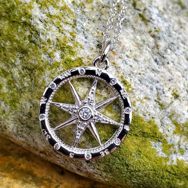 14k White Gold Compass Pendant/Necklace avec accents diamant Etsy