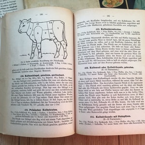 K&ouml;nnte beinhalten: Ein offenes Buch mit deutschem Text und Illustrationen, darunter eine Abbildung der Fleischst&uuml;cke eines Kalbes. Die Seiten sind gealtert, mit Text und Diagrammen in schwarzer Tinte.