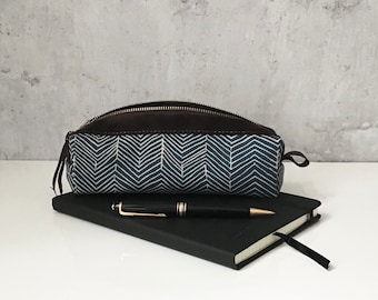 pencil case with herringbone cotton/leather