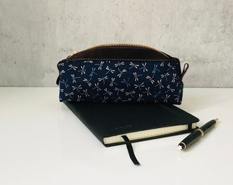 pencil case "DRAGONFLY" darkblue cotton/leather