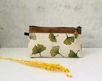 cosmetic bag or pencil case "Ginkgo"  cotton/leather