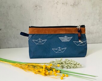 cosmetic bag, washing bag "AHOY" cotton/leather/goated cotton