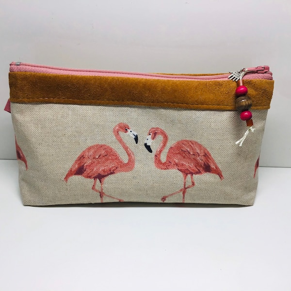 Kosmetiktasche "2 FLAMINGOS" Baumwolle/Leder