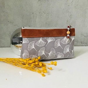 Kosmetiktasche klein "Ginkgo" grau Baumwolle/Leder