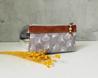 cosmetic bag smal "Ginkgo" grey cotton/leather