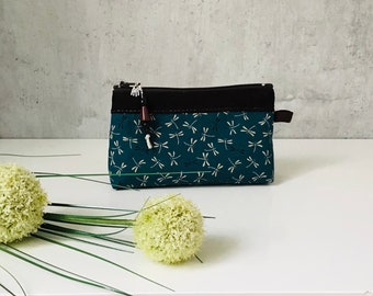 Mini Cosmetic Bag "DRAGONFLY" petrol cotton/leather