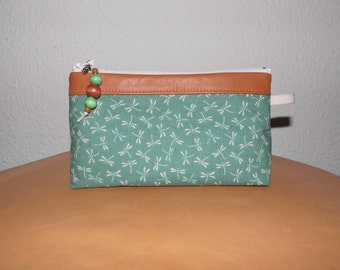 DRAGON-FLY mint cosmetic bag, washingbag made of cotton, leather and wxed cotton