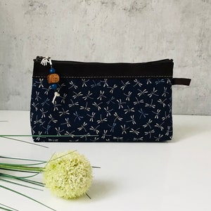 Kosmetiktasche/Kulturbeutel "LIVELLA" dunkelblau Baumwolle/Leder/Wachstuch