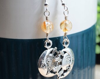 Citrine Earrings, Sterling Silver Citrine Sun & Moon Earrings, Gemstone Crystal Earrings Dangle, Handmade Pagan Jewelry, Witchy Gifts