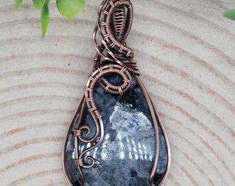 Larvikite Pendant, Copper Wire Wrapped Larvikite Chakra Necklace, Handmade Pagan Jewelry, Protection Amulet, Unique Gift