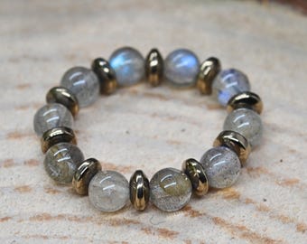 Labradorite Pyrite Stretch Ring, Elastic AAAA Labradorite Gemstone Stacking Ring, Size 5-10