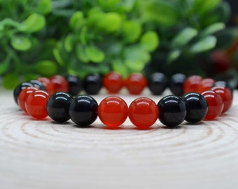 Black Tourmaline Bracelet, Red Carnelian Bracelet, 8mm Gemstone Evil Eye Bracelet Handmade Witchy Jewelry, Witchy Gifts