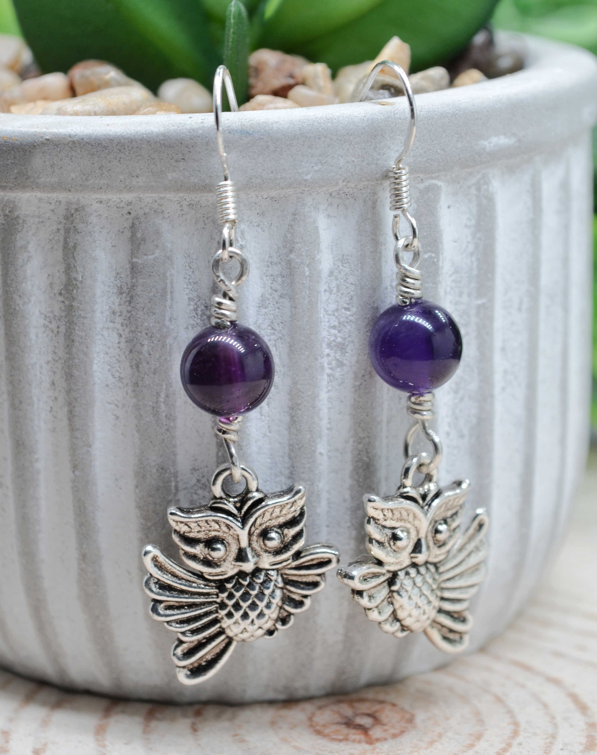 Sterling Silver Amethyst Owl Totem Animal Spirit Gemstone Beaded Crystal Earrings, Handmade Witchy J