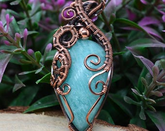 Amazonite Necklace, Pure Copper Pendant, Handmade Wire Wrapped Pendant, Witchy Gifts for Her