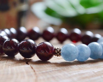 Red Garnet Crystal Bead Bracelet, Aquamarine & Garnet Gemstone Beaded Bracelet, Aquamarine Bracelet Beaded, Handmade Witchy Jewelry