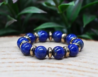 Lapis Lazuli Pyrite Stretch Ring, Elastic Gemstone Stacking Ring, Size 5-10