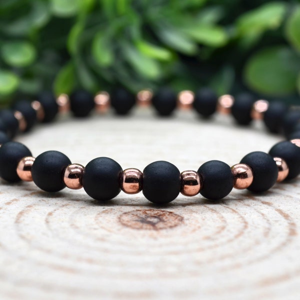 Black Onyx Bracelet, Copper & 6mm Black Onyx Gemstone Protection 7th Anniversary Gift Bracelet, Handmade Jewelry Witchy Bracelet Onyx