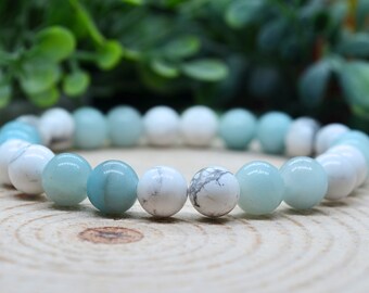 Amazonite & Howlite Crystal Bracelet 8mm Amazonite Howlite Gemstone Stretch Beaded Bracelet, Handmade Witchy Jewelry, Witchy Gifts