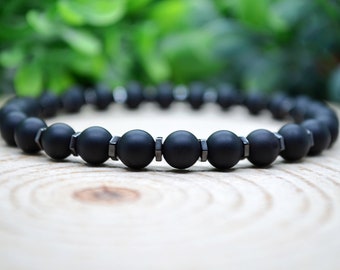 Black Onyx Bracelet, 6mm Black Onyx & Hematite Gemstone Stretch Bracelet, 7th Anniversary Gift, Handmade Jewelry Witchy Bracelet Onyx