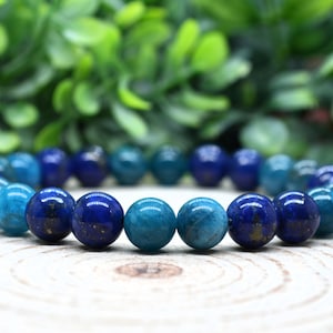 Lapis Lazuli Bracelet, 8mm Apatite & Lapis Lazuli Crystal Stretch Gemstone Bracelet, Handmade Witchy Jewelry, Personalized Unique Gift