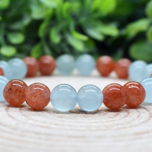 Aquamarine Bracelet, Sunstone Bracelet, 8mm Aquamarine & Sunstone Gemstone Bracelet, Handmade Witchy Jewelry, Witchy Gifts for Best Friend