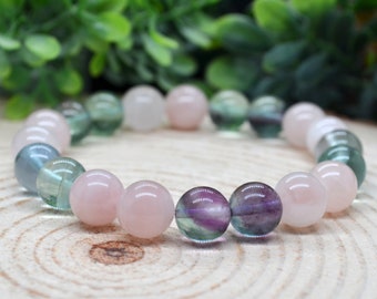 Fluorite Crystal Bead Bracelet, 10mm Fluorite & Rose Quartz Gemstone Bracelet, Handmade Witchy Jewelry, Unique Witchy Gift