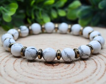 Howlite and Pyrite Bracelet – Calming Energy & Mental Clarity Gemstone Jewelry for Stress Relief, Focus and Abundance, Witchy Jewelry