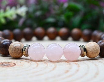 Memorial Bracelet, Rose Quartz Rosewood Sandalwood Crystal Bracelet, Memorial Jewelry, Grief Gift, Healing Crystal Bracelet