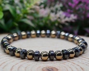Hematite & Pyrite 6mm Gemstone Bracelet – Grounded Focus and Energetic Armor Stretch Bracelet, Handmade Witchy Jewelry, Pyrite Jewelry
