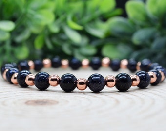 Blue Goldstone Bracelet, Copper & Blue Goldstone Gemstone Stretch Bracelet, Goldstone Jewelry, Handmade Witchy Jewelry, Witch Gifts