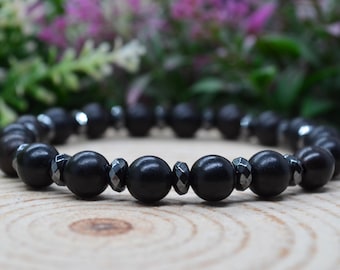 Hematite Bracelet, Faceted Hematite and 8mm Kamagong Wood Gemstone Protection Bracelet, Handmade Witchy Jewelry, Witchy Gifts for Men