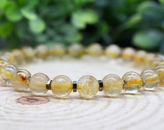 Rutilated Quartz Bracelet, Rutilated Quartz & Pyrite 6mm Crystal Bead Gemstone Stretch Bracelet, Handmade Pagan Jewelry, Witchy Gift for Her