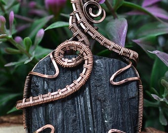 Black Tourmaline Necklace, Handcrafted Wire Wrapped Copper & Black Tourmaline Pendant, Witchy Gifts, Gothic Jewelry