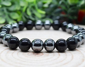 Evil Eye Black Obsidian Bracelet, Hematite Empath Protection Bracelet, 8mm Hematite & Obsidian Bracelet, Handmade Personalized Pagan Jewelry