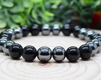 Evil Eye Black Tourmaline Bracelet, Hematite Empath Protection Bracelet, 8mm Hematite & Tourmaline  Handmade Personalized Pagan Jewelry