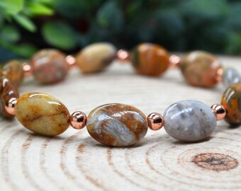 Crazy Lace Agate Crystal Bead Bracelet, Copper & Agate Gemstone Stretch Bracelet, Handmade Pagan Jewelry, Witchy Gifts for Her