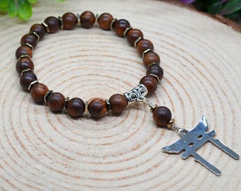 Rosewood & Pyrite Bracelet with Hand-Wrapped Torii Gate Charm Japanese Shinto Bracelet, Witchy Gifts