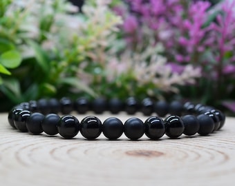 Matte Black Onyx and Black Tourmaline Protection Bracelet, 6mm Gemstone Beaded Bracelet