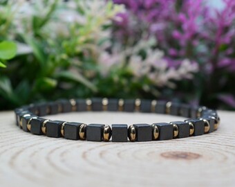 Pyrite Bracelet, Hematite Bracelet, Unique Pyrite & 4mm Hematite Gemstone Stretch Bracelet, Handmade Witchy Jewelry, Pyrite Jewelry