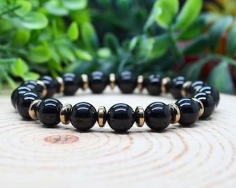 Black Obsidian Bracelet, Pyrite 8mm Gemstone Crystal Bracelet, Protection Bracelet, Handmade Witchy Jewelry, Witchy Gifts