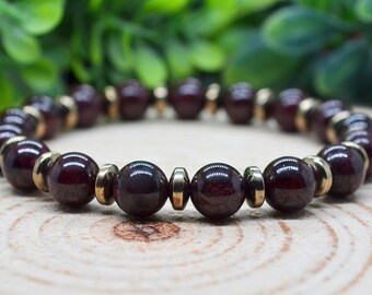 Natural Garnet & Pyrite Crystal Gemstone Stretch Bracelet 8mm, Custom Unique Gift, Handmade Personalized Witchy Jewelry
